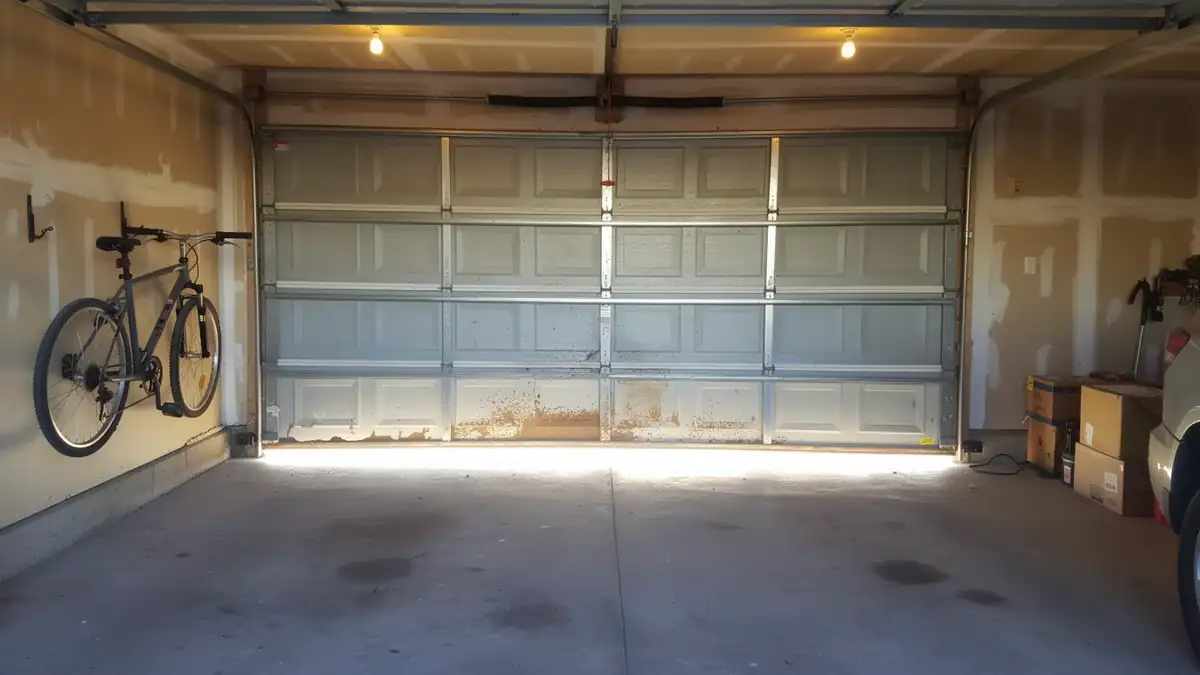 The garage door is closed, showing rust and dirt on the bottom panel.