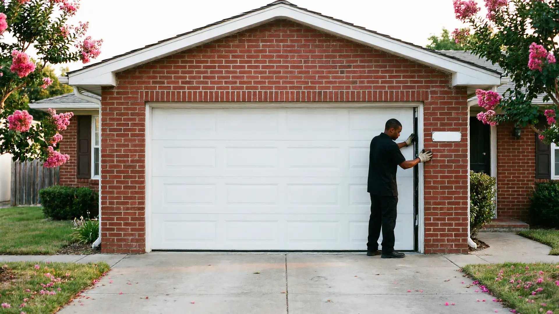 A technician in a black shirt and gloves adjusts a white garage door on a brick house.