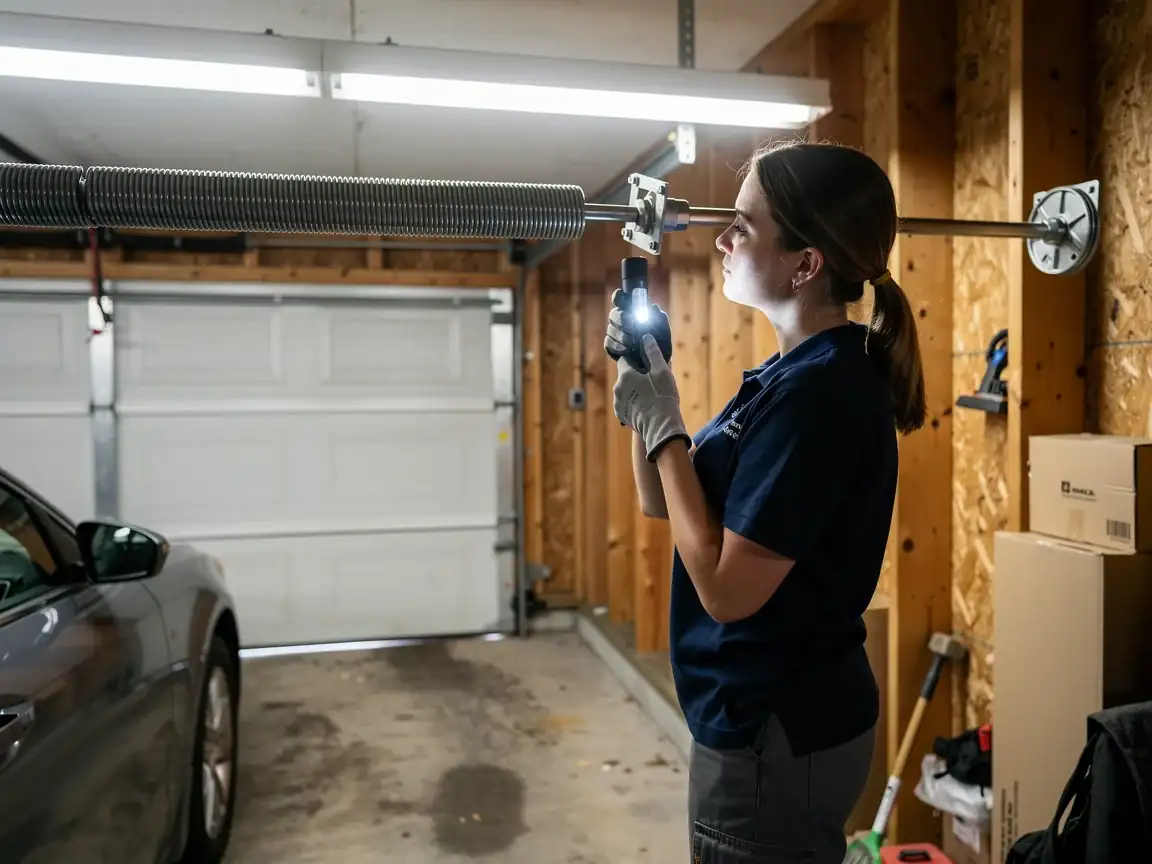 A technician shines a flashlight on a garage door torsion spring.