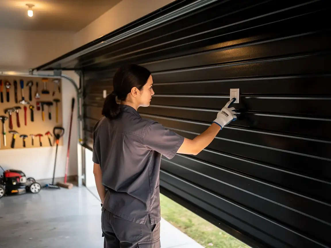 A technician in a gray uniform presses a button on a black garage door.